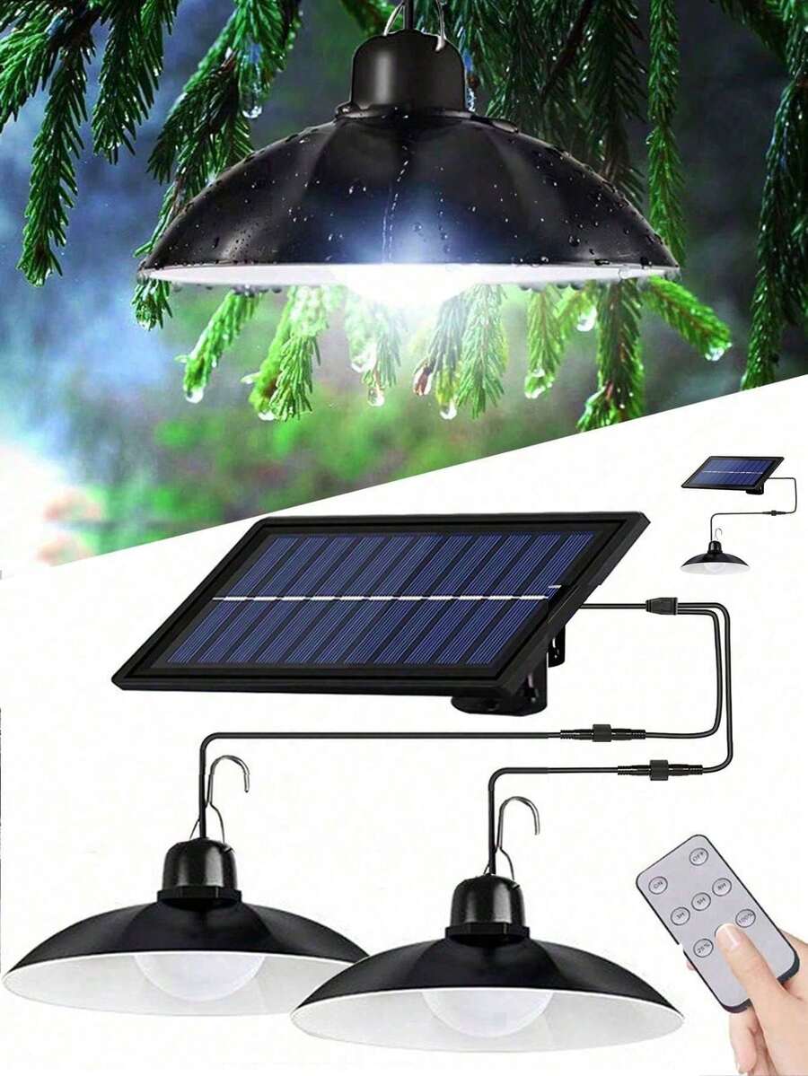 室内外太阳能灯，遥控太阳能单头双头吊灯，太阳能棚灯，室内外太阳能灯，3色温，防水，自动开/关太阳能吊灯，适用于庭院花园车库门谷仓储藏室 - 白光 - 查看 1