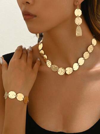 1 zestaw Młotkowany dysk metalowy naszyjnik kolczyki bransoletka zestaw biżuterii dla kobiet, modny urok i seksowny wygląd na imprezę, bankiet, prezent