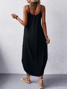 Vestido largo de cuello halter para mujer de talla pequeña, minimalista de alta gama y estilizador - Negro - Ver 3