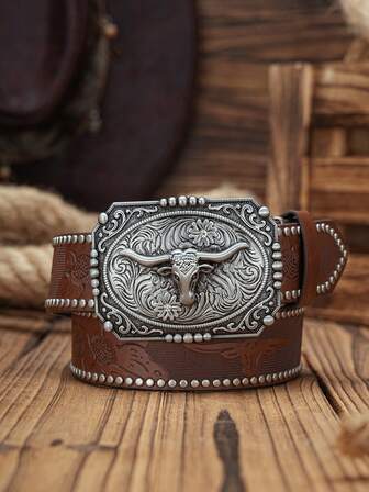 1 条男女通用西部牛仔风格腰带，PU 皮革材质印花铆钉设计，金属扣，复古休闲时尚腰带，多种颜色可选