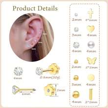 Flower Flat Back Earrings For Women, 14K Gold Cartilage Earring Tragus Helix Small Hypoallergenic Titanium Steel Screw Back Earrings CZ/Ball/Pearl/Dot/Heart/Cross/Butterfly Stud Earrings Jewelry Gift For Her