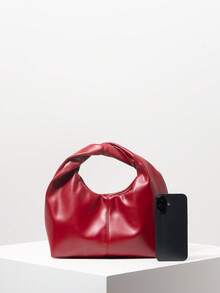 时尚不对称扭纹方形手提包、复古仿皮女式托特包、女士工作包、简约褶皱钱包 - 紅色 - 查看 3