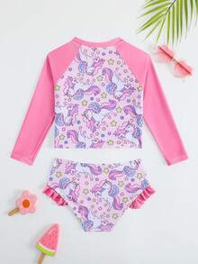 2pcs/Set Girls' Unicorn Print Long Sleeve Top And Ruffle Trim Swimsuit, Suitable For Summer Beach, Pool Party And Outdoor Activities - Pink - View 2