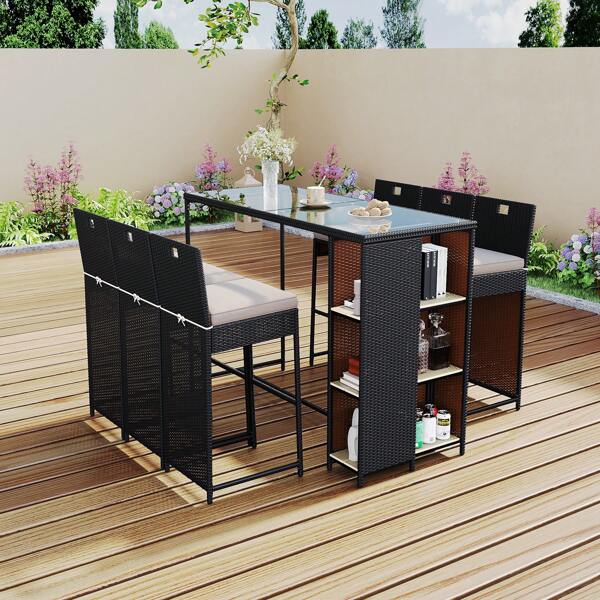 MERAX Gartenbar-Set 7-tlg. aus Polyrattan – mit Glastisch & Kissen,  moderne Outdoor-Lounge mit Ablagefläche, Schwarz