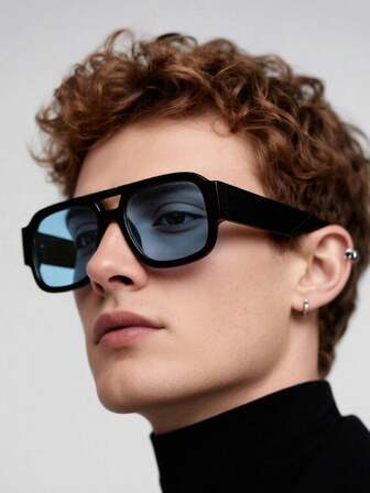 1 pieza Gafas de pasta cuadradas de estilo aviador casual de acrílico para hombre, color negro, para salidas, atuendos y regalos de vacaciones