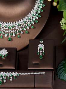 1 Set Dazzling Green Gemstone Necklace Earrings 4pcs Suit, Cubic Zirconia Suitable For Party, Cocktail, Wedding, Bride, MC Formal Dress Accessories