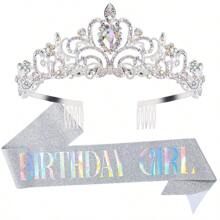 2pcs/Set Baroque Rhinestones Birthday Princess Queen Sash Ribbon Birthday Queen Crown Tiara Rhinestone Birthday Headbands Birthday Sash With Ribbon Pearl Pin Happy Birthday Crown And Sash Ribbon For Birthday Party Ball Decoration Bridal Tiara For 13th 16th 18th, 20th, 30th, 40th, 50th, And 60th 70th 80th Birthdays - Add A Touch Of Elegance To Your Party Decorations Party Supplies Ribbon