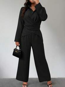 Set de 2 piezas de talla grande para mujer de camisa de manga larga con textura de lino y pantalones - Negro - Ver 1