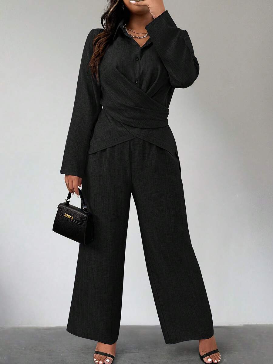 Set de 2 piezas de talla grande para mujer de camisa de manga larga con textura de lino y pantalones - Negro - Ver 1