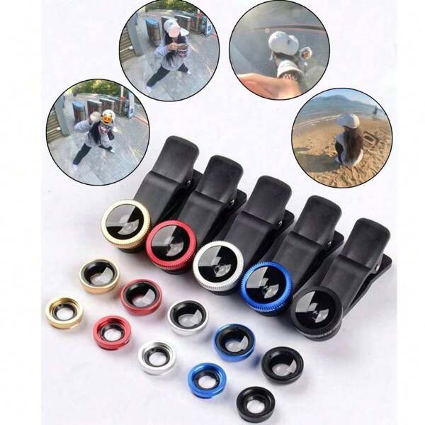 3-In-1 Mobile Phone Lens Kit: 180° Fisheye Lens, Wide Angle Lens, Macro Lens, Clip-On Design