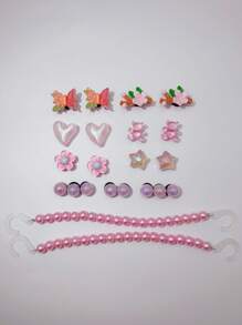 20pcs/Set Cute Pink (Flower, Butterfly, Heart, Crystal Bear, Star) ABS Resin Charm Accessories, Pink Beaded Chain, Fit For Women Sandals, Slippers, Hollow Shoes, Suitable For Festival Party, Perfect Gift