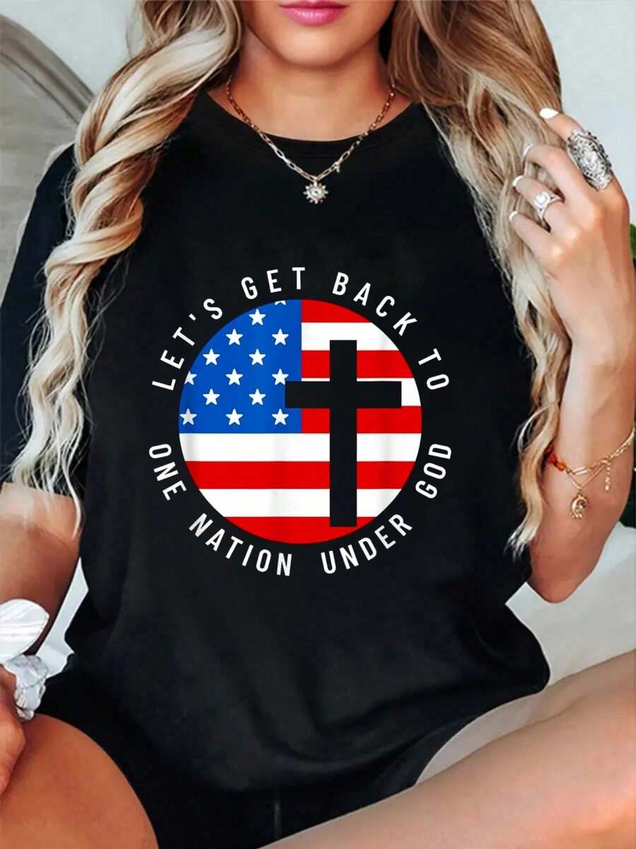 One Nation Under God Quote - American With-Shirt Summer Outfits Women Shirts Women Graphic Tees Women Round Neck Art Summer Top Art-Shirt Women - 黑色 - 查看 1