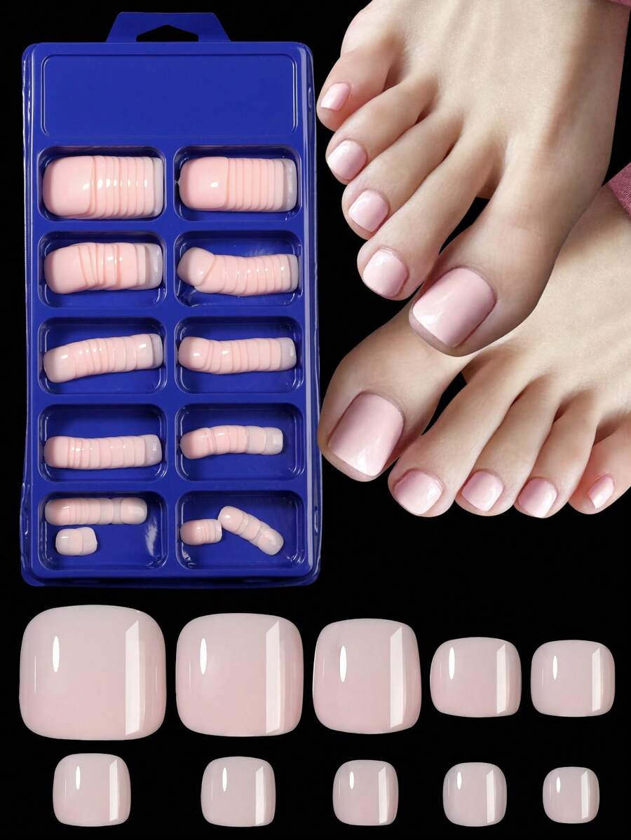 100Pcs Toe Nail Tips Short Square Full Cover Acrylic Press On Toenails Nude Pink Artificial French Toenails For Women Toenails Diy Art Design Nail Salon Nail Supplies Nails - Baby Pink - View 1