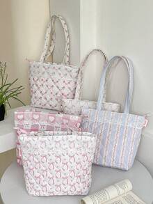 1 件大容量购物手提袋，带蕾丝装饰，可爱花朵和蝴蝶结图案单肩包，时尚绗缝设计手提包，轻便拉链手提包，女士旅行单肩包，带内袋，时尚双手柄钱包，适合购物、旅行、通勤、办公室、外出和学校，休闲购物袋，女童书包单肩包