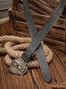 1 条男女通用西部牛仔风格休闲时尚 PU 皮带，印花铆钉装饰金属扣，复古个性，多色可选 - 老鷹 - 查看 6