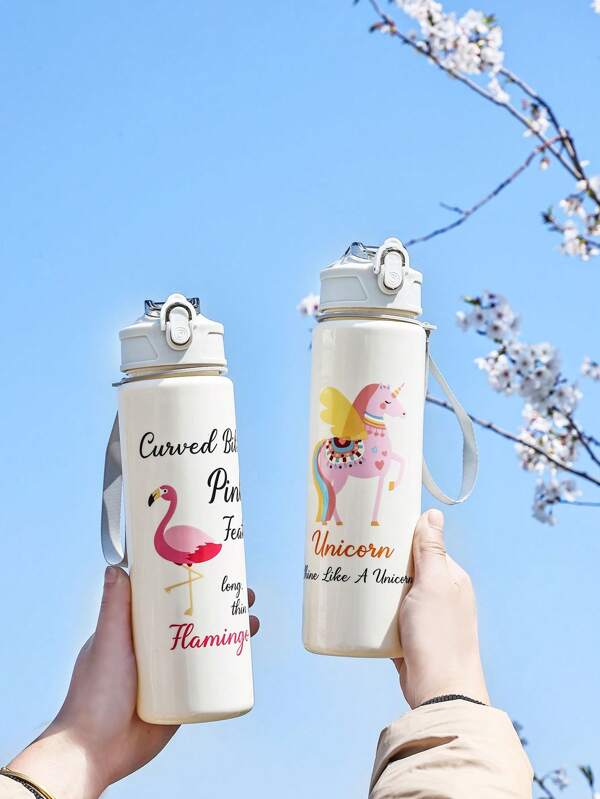 (Suitable For Boys And Girls, 4 Color Options) Cartoon Pattern Student Water Bottle, Suitable For Kindergarten, Water Intake Monitoring. With Measuring Cup. 1pc Water Bottle With Straw Cup, Leak-Proof, Anti-Drop, Portable - Suitable For Travel, Outdoor Activities