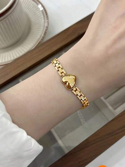 1pc Elegant Non-Fading Heart Pendant Bracelet, Suitable For Valentine's Day, Anniversary, Daily Fashion Wear, Also Suitable As Holiday Gift