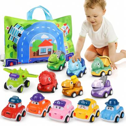 6/12pcs Cartoon Toy Car Set With Play Mat/Storage Bag, Dinosaur Truck Toy Set, Friction Powered Vehicles, Suitable For 3-6 Years Old Toddlers, 4-6 Years Old Boys Birthday Gift