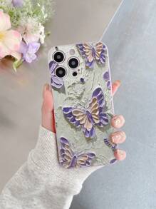 1pc Soft Protective Phone Case With Painting Butterfly Pattern, Suitable Compatible With Apple/Redmi/VIVO/OPPO, Light Purple
