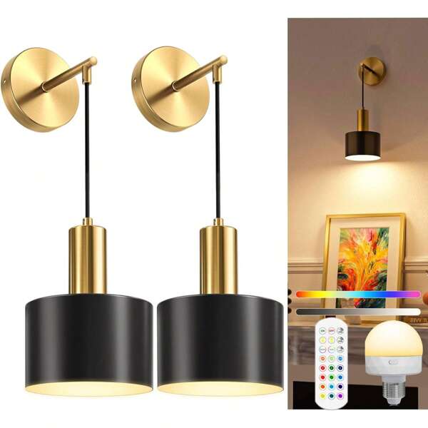 Luz de pared con batería, un set, Luz de pared inalámbrica de carga dorada/negra, con bombilla ajustable y control remoto, Luz de pared RGB, apta para dormitorios, salas de estar y pasillos