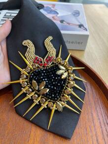 1 Stück schwarze Polyester Herz-förmige Halskette mit Strass- und Kunstperlen-Schleife, glänzendes Charm-Accessoire Design für Partys, Bankette, festliche Anlässe