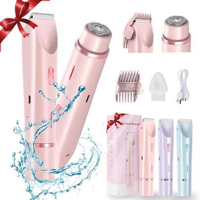 二合一女士电动剃须刀，适用于腿部、手臂、面部和比基尼区域，无线比基尼修剪器，可拆卸刀头，干湿两用，无痛剃须，便携式电池供电电动剃须刀脱毛器和眉毛修剪器 - 迷你面部脱毛器，适用于面部和身体，便携式修剪器电动脱毛器眉形工具，迷你面部脱毛器，女士面部剃须刀，电池容量：400mAh
