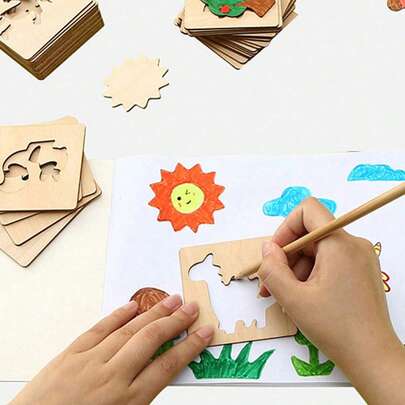 20 piezas de plantillas de pintura de madera huecas con patrones de animales, frutas y graffiti para colorear, suministros escolares, regalo de plantillas de patrones de pintura de madera