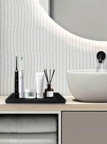 1pc Silicone Small Tray On The Table, No-Drill Dressing Table, Bathroom Sink, Aromatherapy Desktop Storage Box. Black Silicone Bathroom Storage Tray, Vanity Tray, Bathroom Water Tank Tray. Bathroom Storage And Organization.