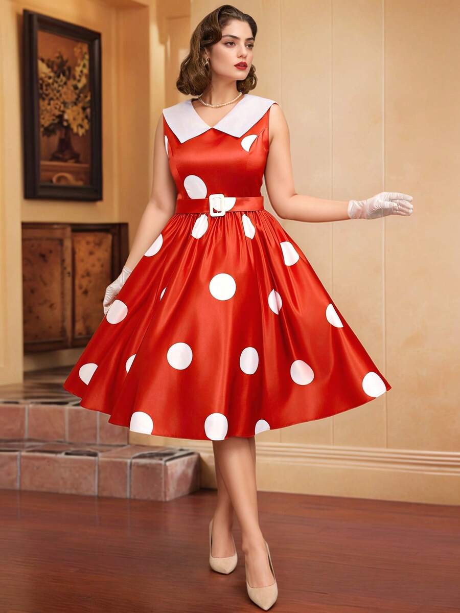 AOMEI Vestido rojo vintage de los años 50 de talla grande, estilo suelto, sin mangas, con cuello Peter Pan y estampado de lunares blancos - Rojo - Ver 1