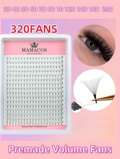 MAMACOS 320 扇形 C/D 卷曲预制卷发扇形 3D 4D 5D 6D 7D 8D 10D 12D 14D 16D 20D 单根睫毛延长尖头茎仿水貂睫毛簇、睫毛簇、单根睫毛、睫毛、假睫毛