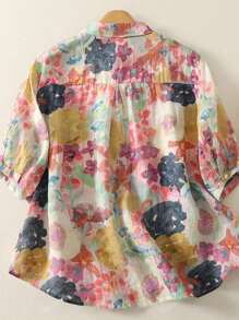 Plus Size Women's Short Sleeve Button-Down Blouse With All-Over Floral Print Lapel Collar - Casual Daily/Festival/Travel Outfits For Spring Summer Fall Evening Occasions