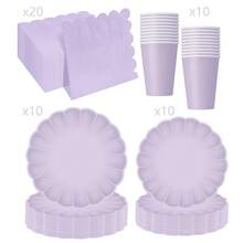 10pcs/20pcs/40pcs/50pcs/Set, Purple Scalloped Paper Plates,Cups And Napkins Set, Fan Shaped Paper Plate 9 Inch 7 Inch Shell Edge Disposable Dinner Tray Paper Cup Paper Towel Birthday Wedding Party Decoration (Light Purple) Mother's Day Gift Wedding Birthday Party Supplies Daily Picnic Camping Tray - Purple - View 12