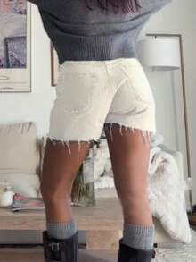 女式夏季休闲白色毛边牛仔短裤