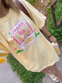 Oversized Graphic T Shirt For Women Teens Girl Y2K Floral Short Sleeve Baggy Tee Shirts Loose Fit Vintage Aesthetic Coastal Tops Summer Ocean Coastal Beach Going Out Tops - 芥末黃 - 查看 3