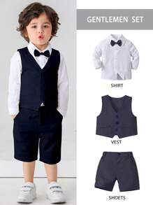 Young Boy Gentleman Suit With Bow Tie, Long Sleeve Shirt And Vest Shorts, Suitable For Birthday Party, Wedding, Performance And Banquet
