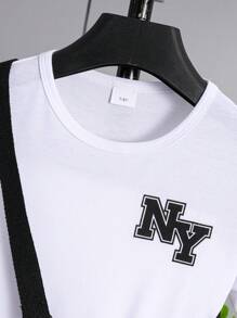 3pcs/Set Boys Summer Letter Print Casual White Short Sleeve T-Shirt + Elastic Waist Allover Print Shorts Set