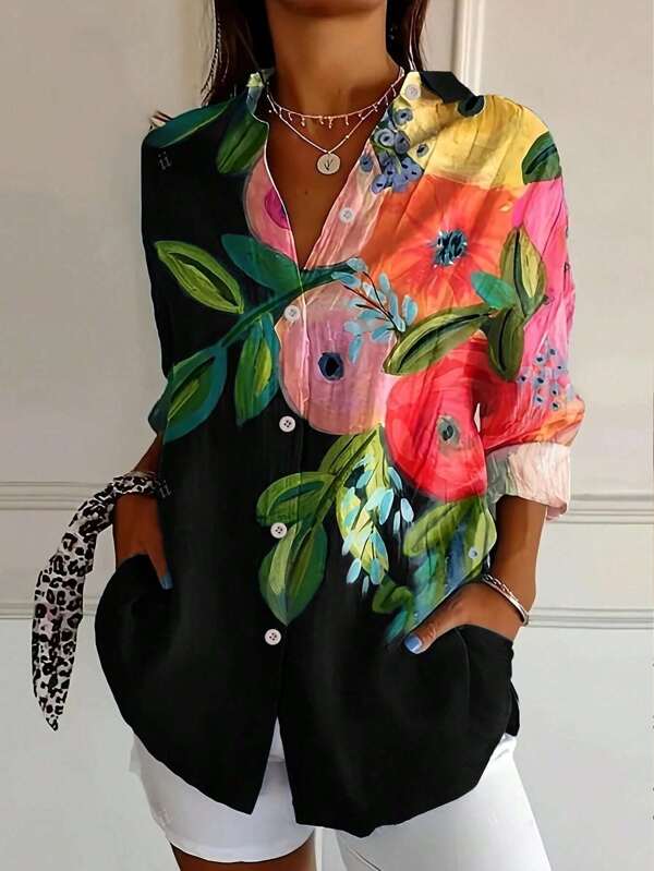 ii Blusa de flores holgada con cuello de solapa para mujer talla grande, ideal para primavera/otoño