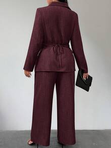 Plus Size Women Minimalist Solid Color Overlap Layered Linen-Like Texture Top And Wide Leg Loose Pants Set - Burgundy - View 5