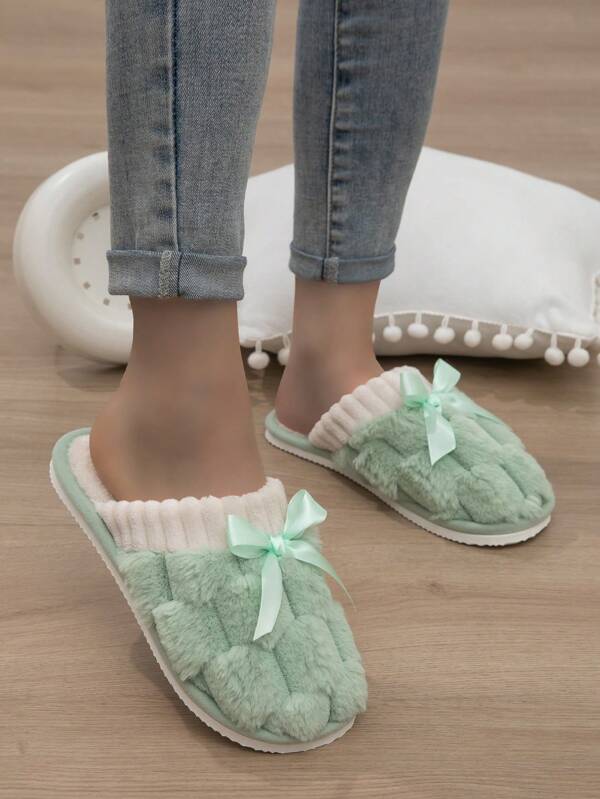 Nuevas pantuflas térmicas esponjosas de otoño/invierno para mujer, pantuflas de interior cálidas con lazo y punta cerrada