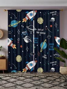 2pcs Cartoon Space Planet & Rocket Print Curtains, High Definition Digital Printing Curtains, Rod Pocket Installation, 100% Polyester Fabric, 90g/Sqm, Suitable For All Seasons, Lightweight, Privacy Protection, Anti-UV, Decorative Curtains - Multicolor - View 6