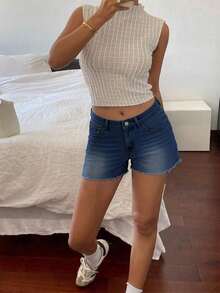 Women's Casual Loose Straight Leg Cropped Denim Shorts - Dark Wash - View 5