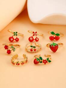 3/2/1pc Cute Metal Green Leaf, Red Cherry, Strawberry Rings, Suitable For Women's Daily/Holiday Wear