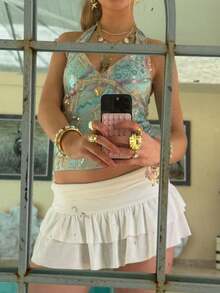 Women Sequin Beaded Halter Tops Y2k Sparkly Sleeveless Hanging Neck Slim Fit Crop Tank Top Summer Backless Low Cut Glitter Cami Vests Shirts Cute Going Out Tops Vintage Aesthetic Clothes Beach Vacation Party Streetwear - 藍色 - 查看 3