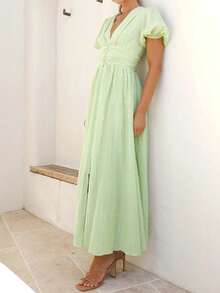 PoPoHouse Women's Solid Color Elegant V-Neck Puff Sleeve Dress, Suitable For Vacation Outfit, Spring/Summer - Green - View 8