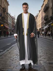 Muslimischer arabischer Herren/Kinder Stickerei leichte Langarm Schiffon/undurchsichtig 3/4 Arm dünne Kimono Oberbekleidung