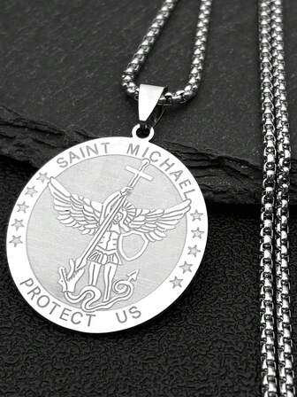 圣米迦勒大天使项链男女通用金色/银色/黑色不锈钢链条保护礼物