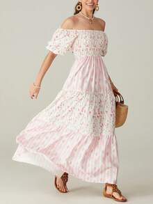 Women's Boho Floral Print Summer Dresses Square Neck Puff Sleeve A Line Long Dress Smocked Casual Maxi Dress Y2K Ruffle Tiered Beach Dresses - 粉色 - 查看 8