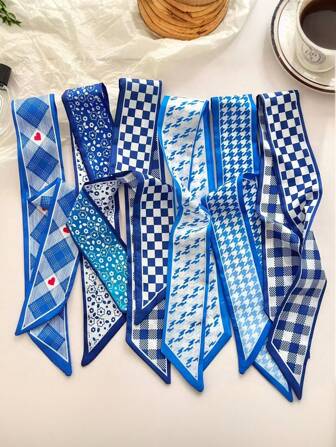 6pcs Pack Klein Blue Heart Plaid Floral Print Scarves Headbands For Women, Casual Elegant Daily Date Multiple Uses Gift Set, Hairband Fall Winter Hair Band Hair Accessories For Women For Vacation Outfits Woman Women Bandanas Soft Headwrap