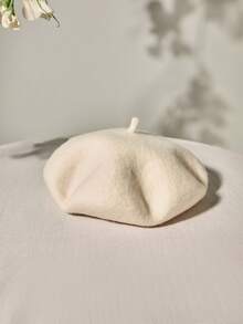 1顶女士羊毛贝雷帽，经典法式风格，纯色，无内衬，适合休闲派对、优雅圣诞节、冬季圣诞节等场合，是理想的圣诞礼物之选。 - 白色 - 查看 2