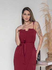 V761 Tailored Midi Dress With Straps - Burgundy - View 6